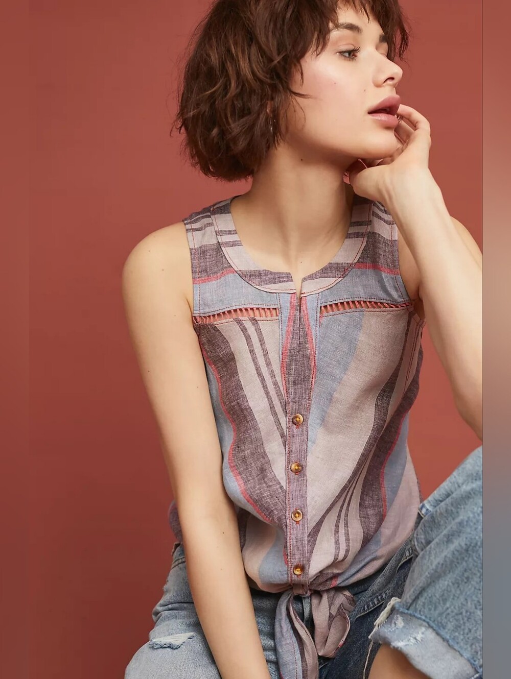 Anthropologie Maeve Linen Yarn-Dyed Sleeveless Buttondown Size 2 - New With  Tag